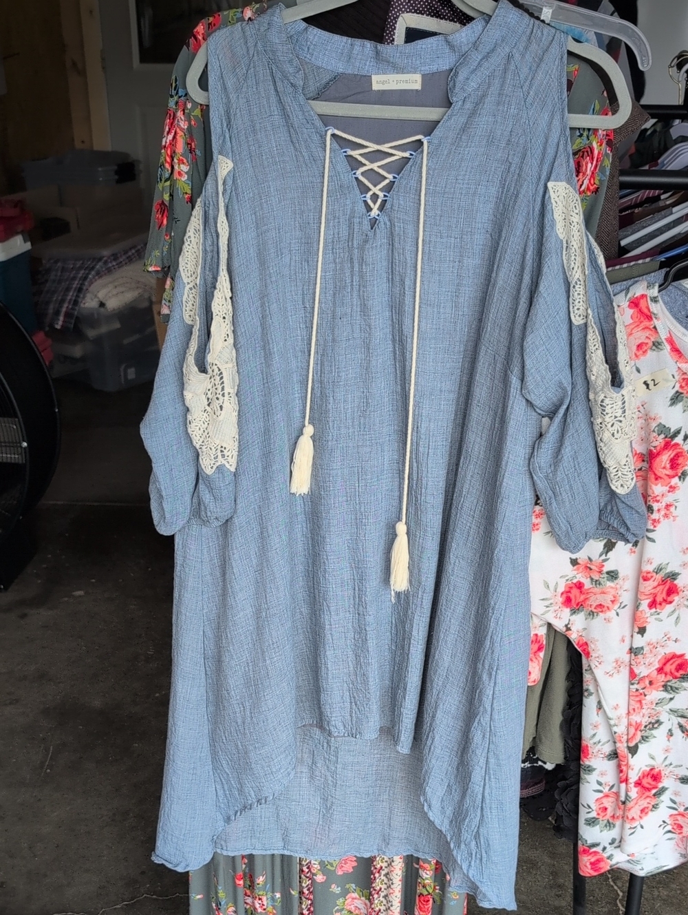 Blue Gauze Lace-Up Tunic with Crochet Insets Cold Shoulder